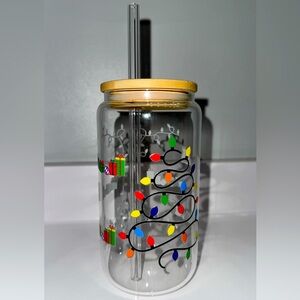 Holiday Glass Jar with Straw - Multicolor Lights